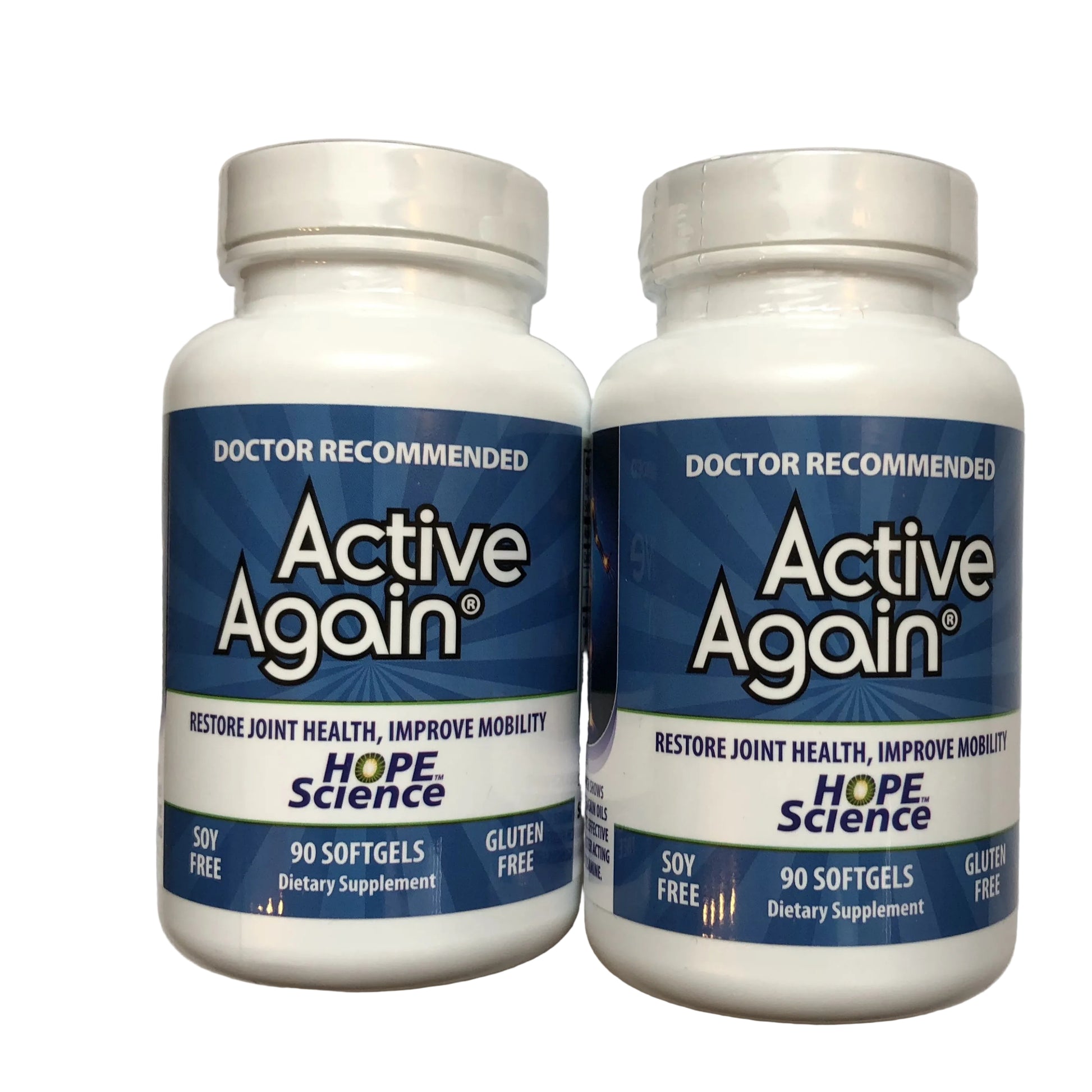 Two bottles of Active Again joint support soft gels, each containing 90 capsules, soy free and gluten free, displayed on a white background.
