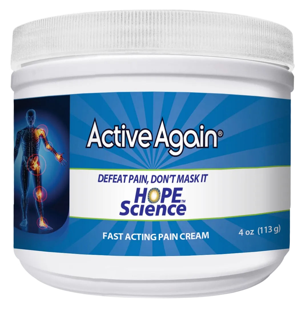 A jar of Active Again joint pain support cream, with a label featuring a human body illustration and text detailing the product's purpose and features.