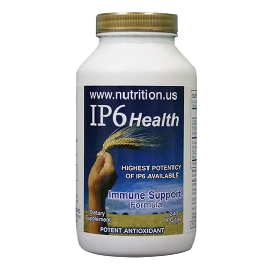 A bottle of IP6 Health immune support supplement capsules with the label indicating it's a product for 'Highest Potency of IP6 Available' and 'Potent Antioxidant'.